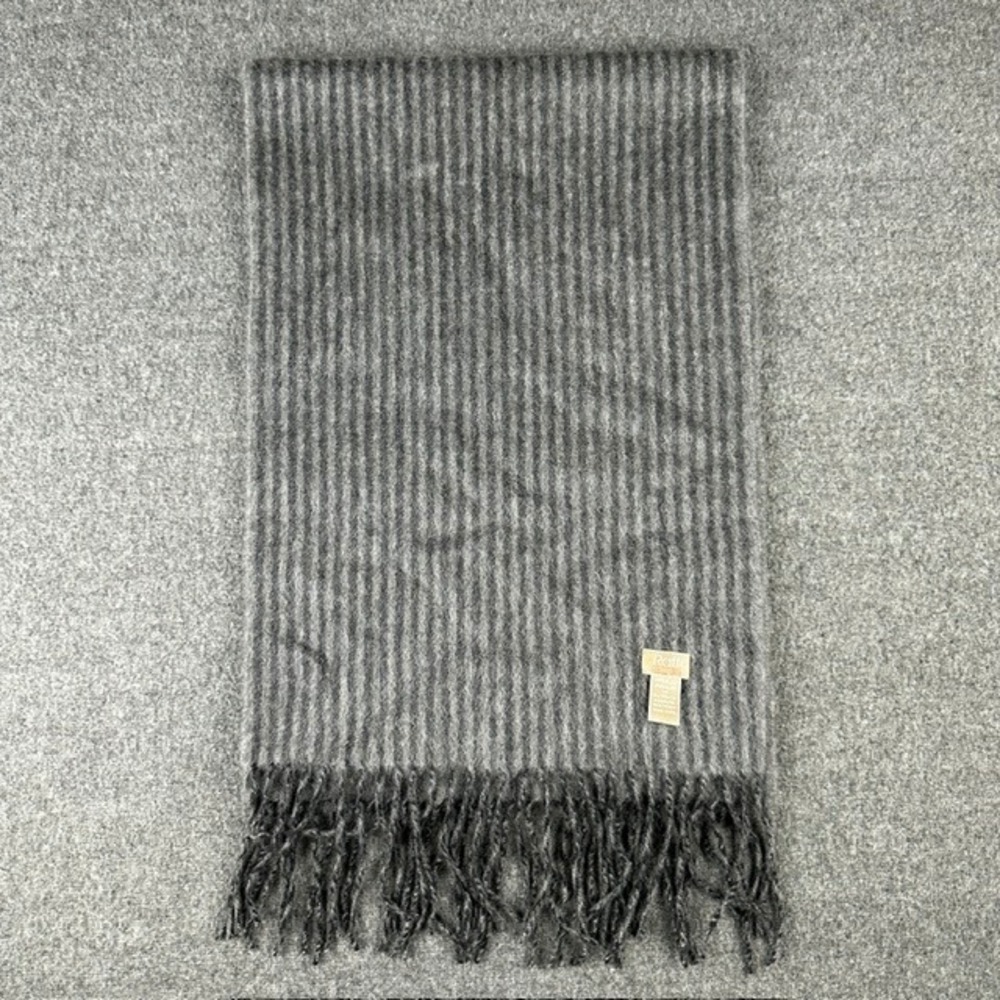 Raffi Cashmere Scarf Grey Striped Ribbed Knit 100% Pure Cashmere Fringe Trim